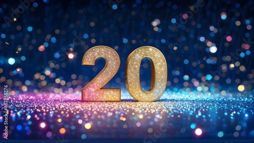 Glittering 20 in golden digits amid colorful bokeh on dark background, perfect for anniversary banner. Generative AI