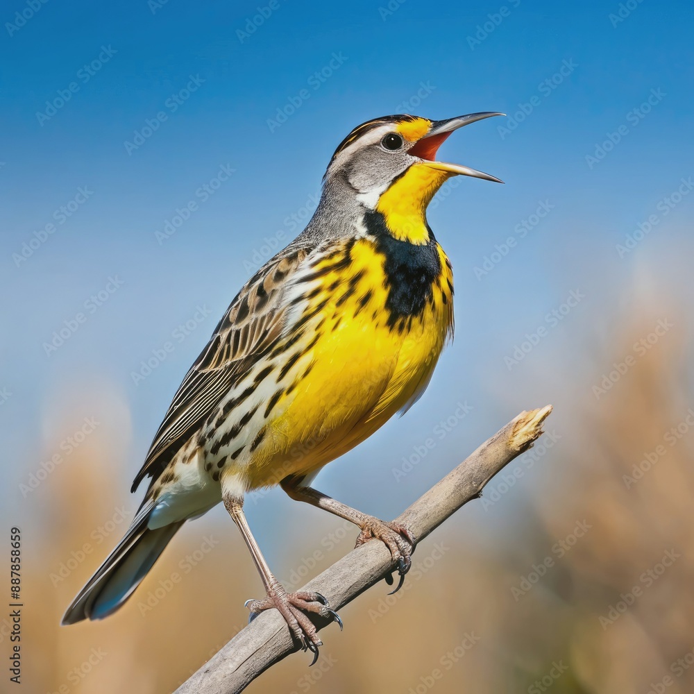 Fototapeta premium Vibrant western meadowlark perches on a dry, branch-like twig, its bright yellow chest and distinctive black V-shaped mask glowing as it sings its melodic song.