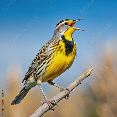 Vibrant western meadowlark perches on a dry, branch-like twig, its bright yellow chest and distinctive black V-shaped mask glowing as it sings its melodic song. photo