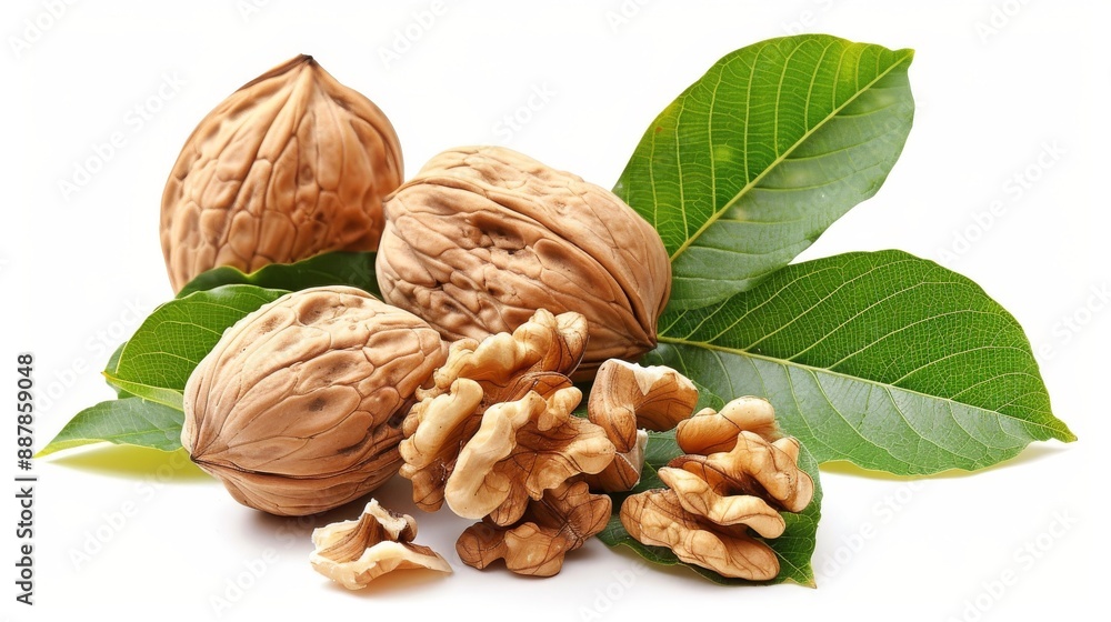 The walnuts on the white background, a close-up photo of open walnut with green leaves and some shelled nuts on top isolated on a white background, detailed, natural light, sharp focus. Generative AI The walnuts on the white background, a close-up photo of open walnut with green leaves and some shelled nuts on top isolated on a white background, detailed, natural light, sharp focus. Generative AI