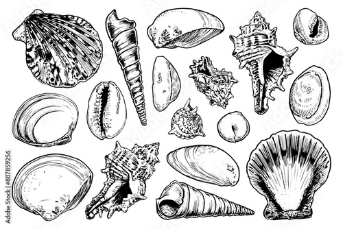 Large set seashells sketch. Clam shells, seabed, sea nature. Hand drawn vector line art illustration.