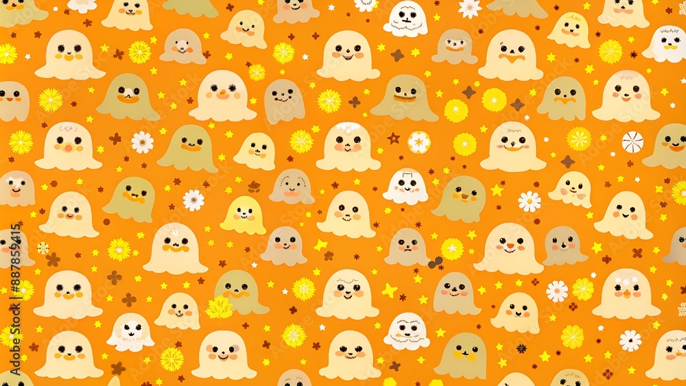 Halloween ghost seamless pattern background. Holidays cute ghost cartoon character. orange background. Halloween ghost seamless pattern background. Holidays cute ghost cartoon character. orange background.