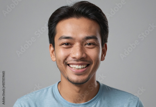 Portrait view of a regular happy smiling Malaysia man, ultra realistic, candid, social media, avatar image, plain solid background