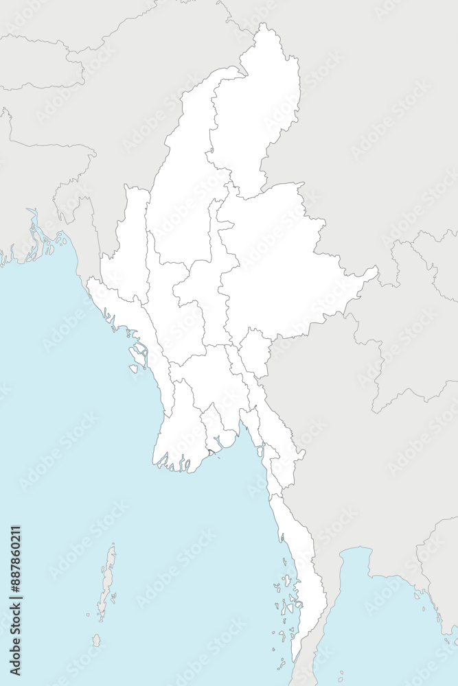 Fototapeta premium Vector blank map of Myanmar with regions, states and administrative divisions, and neighbouring countries and territories. Editable and clearly labeled layers.