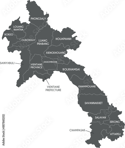 Vector regional map of Laos with provinces or territories and administrative divisions. Editable and clearly labeled layers.