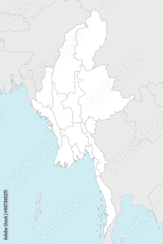 Vector blank map of Myanmar with regions, states and administrative divisions, and neighbouring countries and territories. Editable and clearly labeled layers.