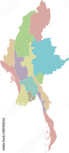 Vector blank map of Myanmar with regions, states and administrative divisions. Editable and clearly labeled layers.