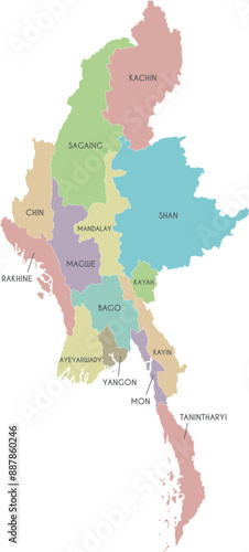 Vector map of Myanmar with regions, states and administrative divisions. Editable and clearly labeled layers.