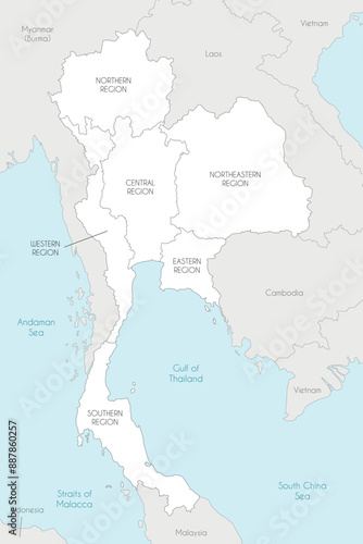 Vector map of Thailand with regions and administrative divisions, and neighbouring countries and territories. Editable and clearly labeled layers.