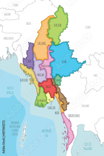 Vector illustrated map of Myanmar with regions, states and administrative divisions, and neighbouring countries and territories. Editable and clearly labeled layers.