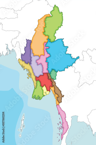 Vector illustrated blank map of Myanmar with regions, states and administrative divisions, and neighbouring countries and territories. Editable and clearly labeled layers.