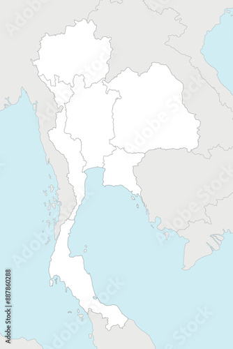 Vector blank map of Thailand with regions and administrative divisions, and neighbouring countries and territories. Editable and clearly labeled layers.