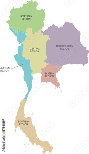Vector map of Thailand with regions or territories and administrative divisions. Editable and clearly labeled layers.