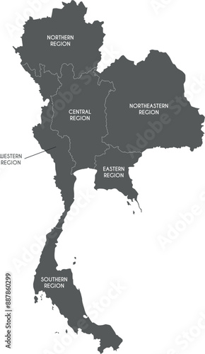 Vector map of Thailand with regions or territories and administrative divisions. Editable and clearly labeled layers.