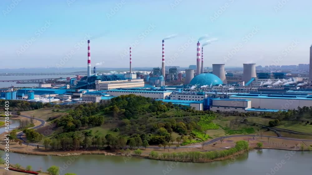 Aerial view of fuel Sunny Day processing and production of chemical products installation port entrance for large ships Aerial view of fuel Sunny Day processing and production of chemical products installation port entrance for large ships