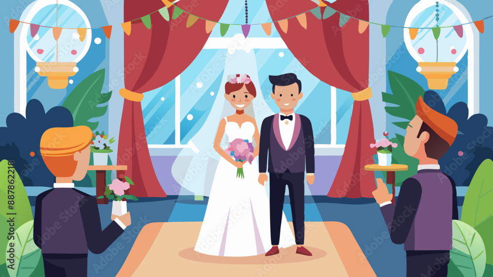 A bright illustration of a wedding ceremony with a happy couple at the altar and servers nearby, the bride in a white dress holds a bouquet, and the groom in a black suit A bright illustration of a wedding ceremony with a happy couple at the altar and servers nearby, the bride in a white dress holds a bouquet, and the groom in a black suit