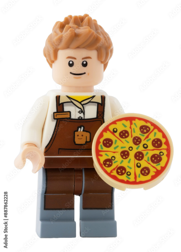 Fototapeta premium Dortmund - Deutschland 16.. Juli 2024 Lego Minifigure Service mit Pizza