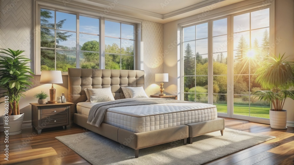 Fototapeta premium Serene bedroom setting with plush mattress and comfortable bed positioned near a sunny window, creating a relaxing atmosphere for a rejuvenating sleep.