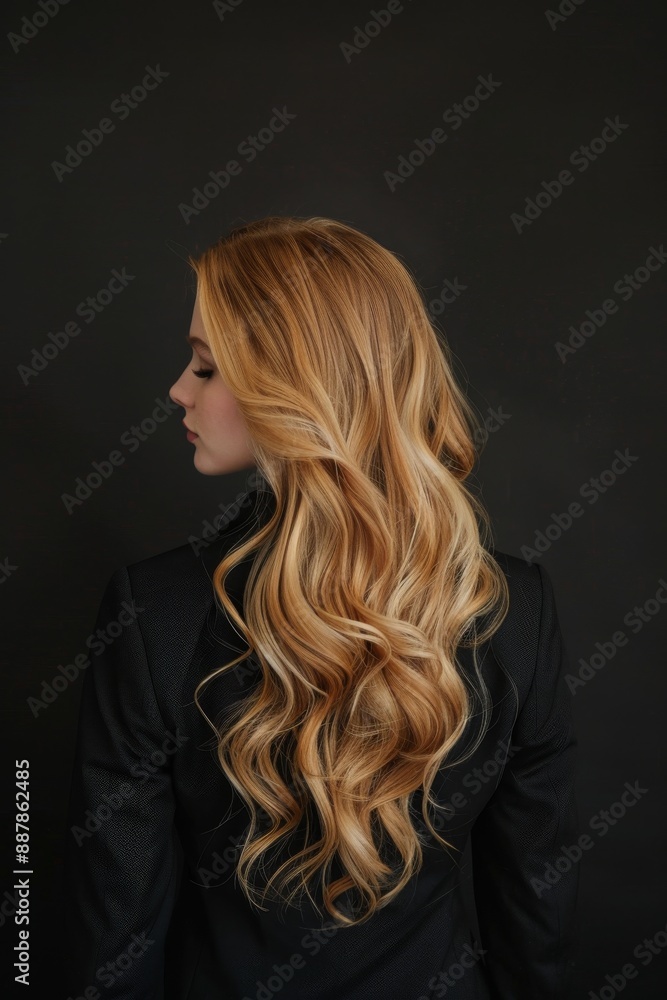 Naklejka premium Create a photorealistic image in a professional photography studio, with a clean black background, showing a young woman with her back to the camera,