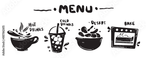 Menu icon set for food categories, hand drawn, vector illustration. (Hot and cold drinks, Desert, Bake)