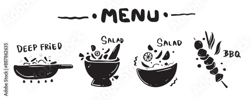 Menu icon set for food categories, hand drawn, vector illustration. (Deep fried, Salad, BBQ, Barbecue)