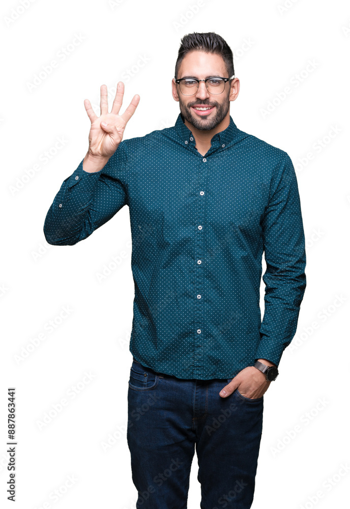 Naklejka premium Young handsome business man wearing glasses over isolated background showing and pointing up with fingers number four while smiling confident and happy.