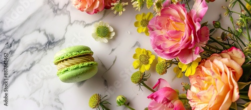 A green macaron sits beside...