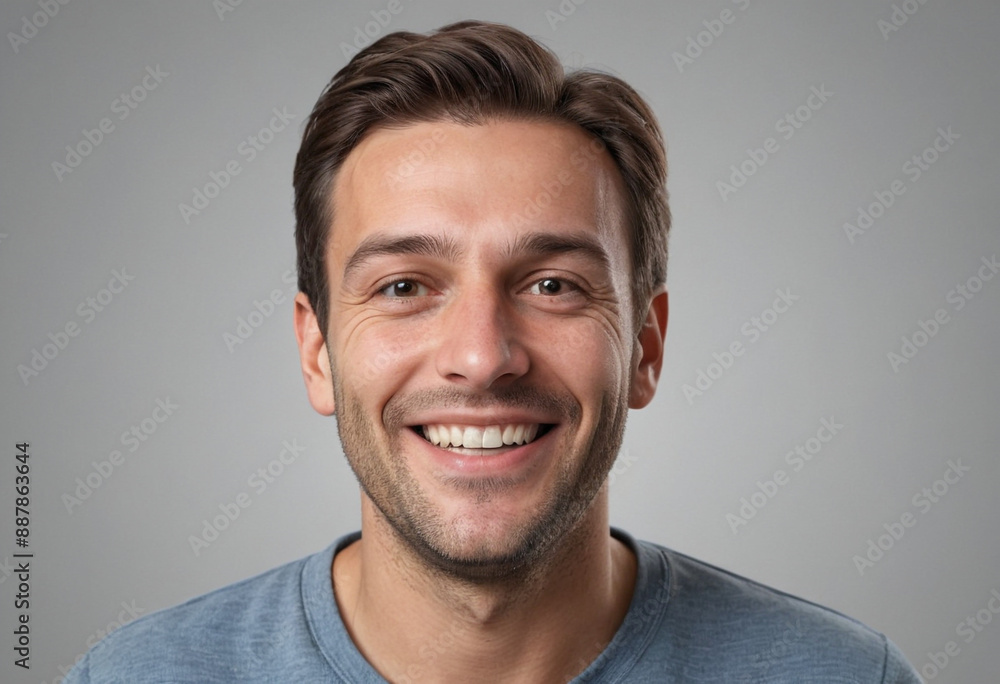 Fototapeta premium Portrait view of a regular happy smiling Switzerland man, ultra realistic, candid, social media, avatar image, plain solid background