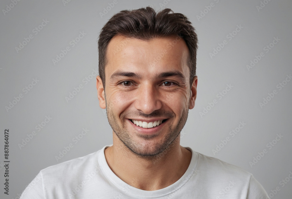 Fototapeta premium Portrait view of a regular happy smiling Albania man, ultra realistic, candid, social media, avatar image, plain solid background