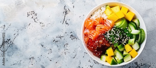 Fototapeta Naklejka Na Ścianę i Meble -  Top view of ingredients for poke bowl including rice salmon assorted vegetables fruits like avocado and mango sesame seeds and soy sauce in a copy space image