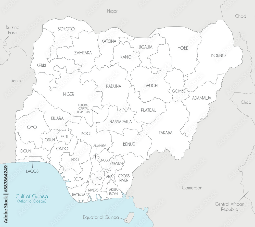 Vector regional map of Nigeria with states and administrative divisions, and neighbouring countries and territories. Editable and clearly labeled layers. Vector regional map of Nigeria with states and administrative divisions, and neighbouring countries and territories. Editable and clearly labeled layers.