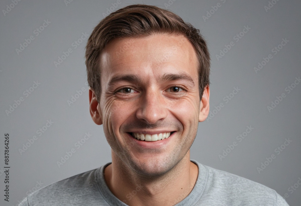 Fototapeta premium Portrait view of a regular happy smiling Belgium man, ultra realistic, candid, social media, avatar image, plain solid background