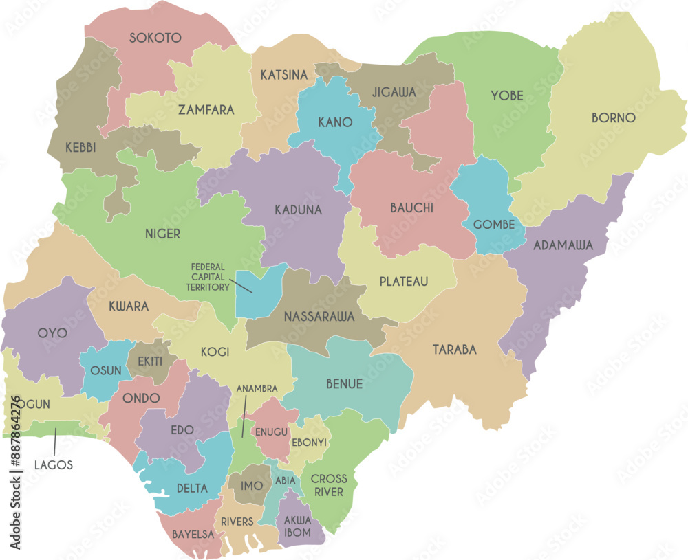 Obraz premium Vector regional map of Nigeria with states and administrative divisions. Editable and clearly labeled layers.
