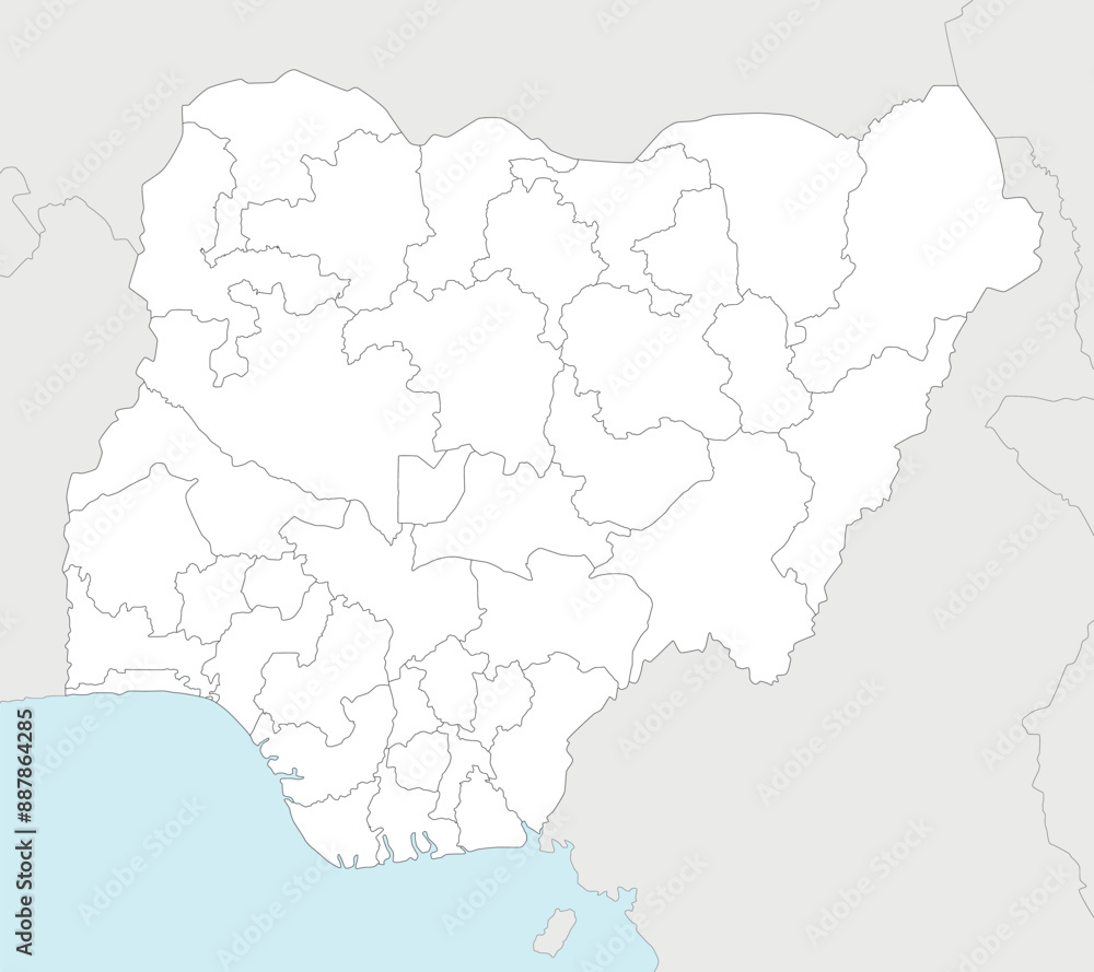 Vector regional blank map of Nigeria with states and administrative divisions, and neighbouring countries and territories. Editable and clearly labeled layers. Vector regional blank map of Nigeria with states and administrative divisions, and neighbouring countries and territories. Editable and clearly labeled layers.