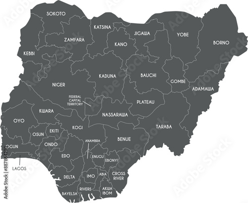 Vector regional map of Nigeria with states and administrative divisions. Editable and clearly labeled layers.