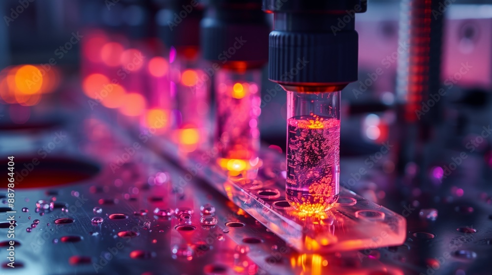 A row of test tubes filled with liquid illuminated by pink and red light, showcasing the potential of 3D bioprinting in advancing the field of medicine. A row of test tubes filled with liquid illuminated by pink and red light, showcasing the potential of 3D bioprinting in advancing the field of medicine.