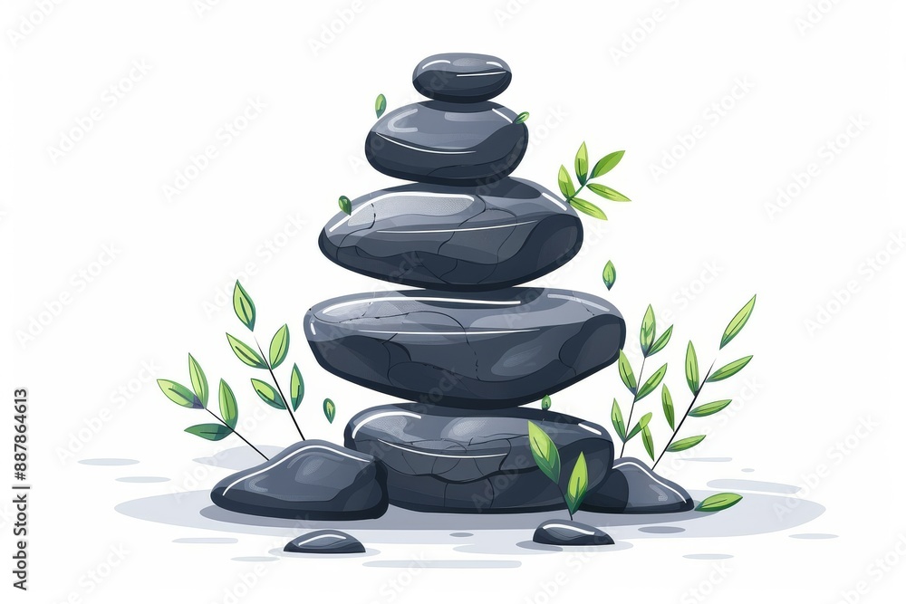 Balanced stack of zen stones with green leaves, emphasizing harmony, stability, and mindfulness in a nature-inspired illustration. Balanced stack of zen stones with green leaves, emphasizing harmony, stability, and mindfulness in a nature-inspired illustration.