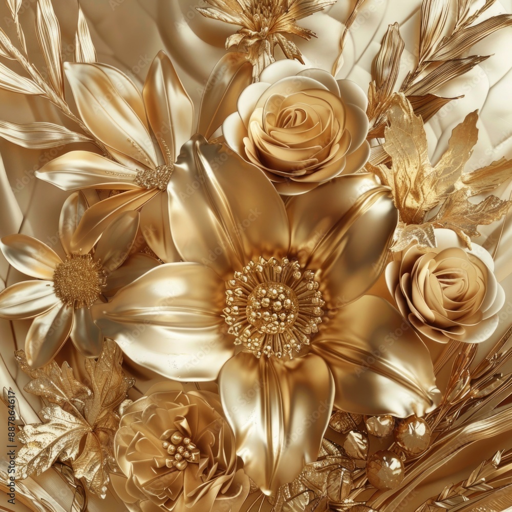 Gold Flower Bouquet - Modern Wedding Invitation with Floral Background Gold Flower Bouquet - Modern Wedding Invitation with Floral Background