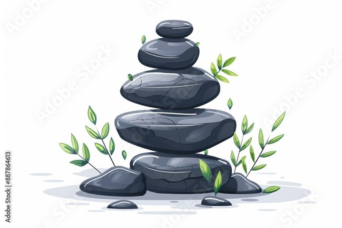 Balanced stack of zen stones with green leaves, emphasizing harmony, stability, and mindfulness in a nature-inspired illustration. photo