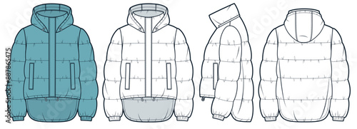 Hooded Down Jacket technical fashion Illustration. Padded Jacket fashion flat technical drawing template, pockets,  front, side and back view, white, retro blue, women, men, unisex CAD mockup set.