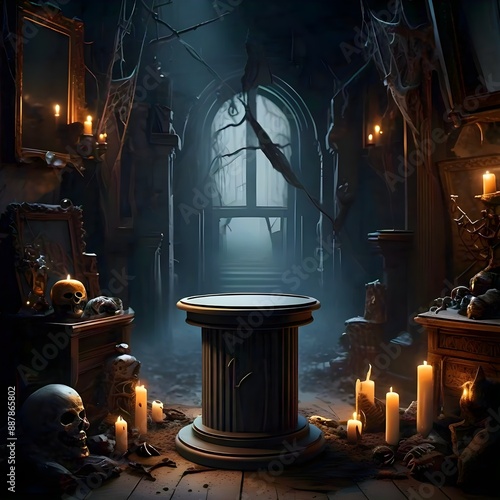 Mysterious candlelit room with podium for fantasy product placements