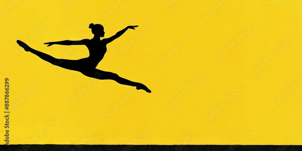 Silhouette of dancer mid-leap against bright yellow background dynamic movement concept Silhouette of dancer mid-leap against bright yellow background dynamic movement concept