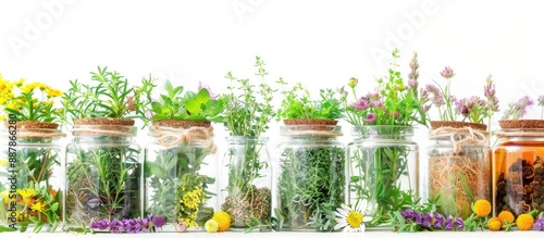 Herb filled jars placed aga...