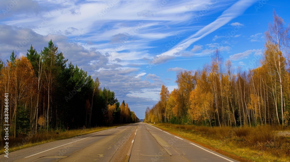 Fototapeta premium Empty country road surrounded by autumn trees under a blue sky.