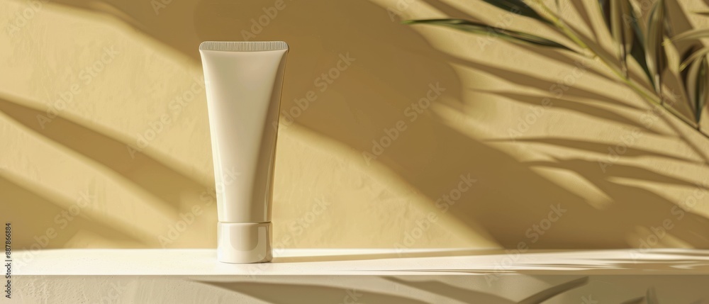 A tube of lotion sits on a table in front of a plant A tube of lotion sits on a table in front of a plant