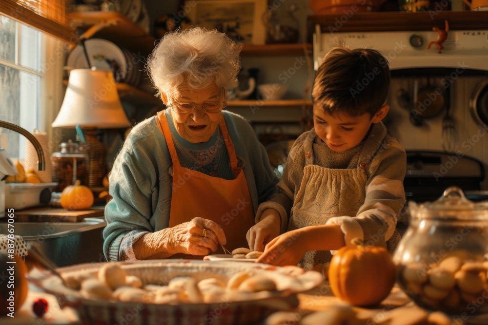 Grandmother baking cookies with her grandchild in a cozy kitchen Grandmother baking cookies with her grandchild in a cozy kitchen