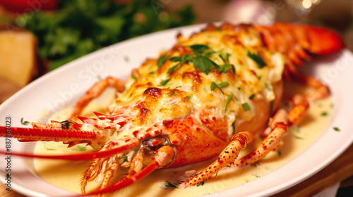 Gourmet baked lobster thermidor served on a white plate, garnished with chopped parsley and a creamy sauce.