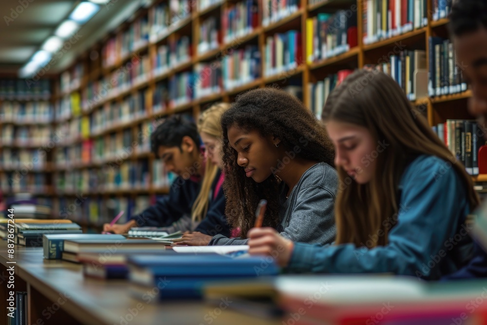 Students studying in a library, focused on their books and notes, surrounded by shelves of books Students studying in a library, focused on their books and notes, surrounded by shelves of books