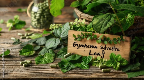 Gymnema sylvestre leaves capsule supplements on the table. Selective focus. photo