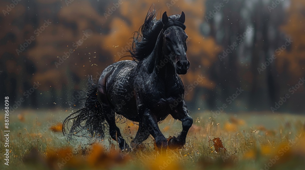 Obraz premium A beautiful black horse sprints across a verdant autumn field, showcasing its healthy and happy demeanor.
